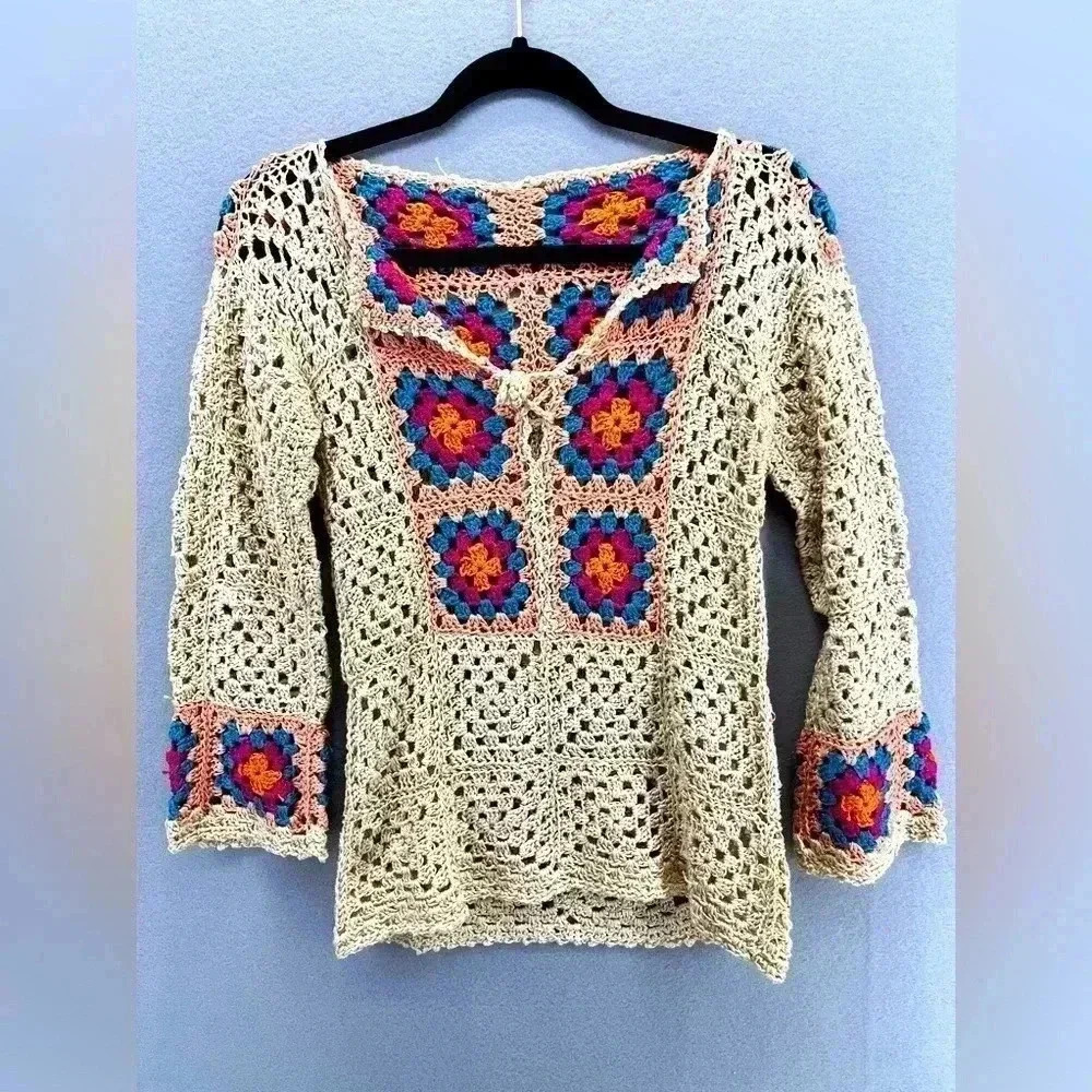 Handmade Granny Square Sweater Open knit V neck pullover